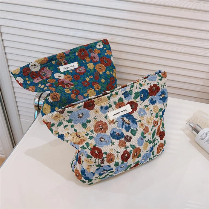 Retro Flower Pattern Canvas Cosmetic Bag Makeup Bag Travel Toiletry Accessories Organizer Pouch - Blue - 6