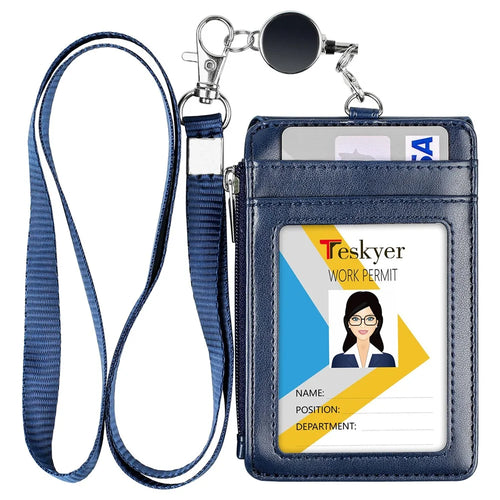 Zipper Pocket Card Case Bag PU Leather Name Badge Holder with Neck Strap and Retractable Buckle - Sapphire - 1