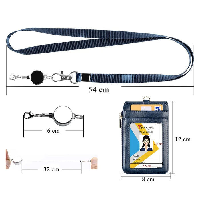 Zipper Pocket Card Case Bag PU Leather Name Badge Holder with Neck Strap and Retractable Buckle - Sapphire - 2