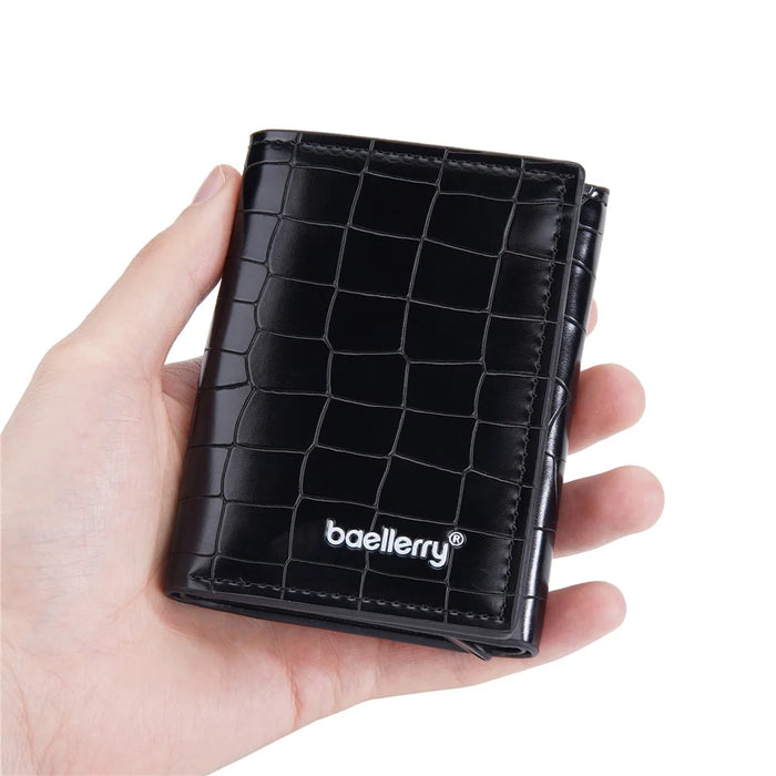 BAELLERRY D9213 PU Leather Crocodile Texture Wallet RFID Blocking Metal Card Holder Coin Purse for Men - Black - 7