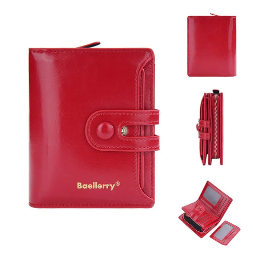 BAELLERRY N3255 Women PU Leather Zipper Coin Purse Dual Button Short Wallet Cards Cash Holder - Red - 1