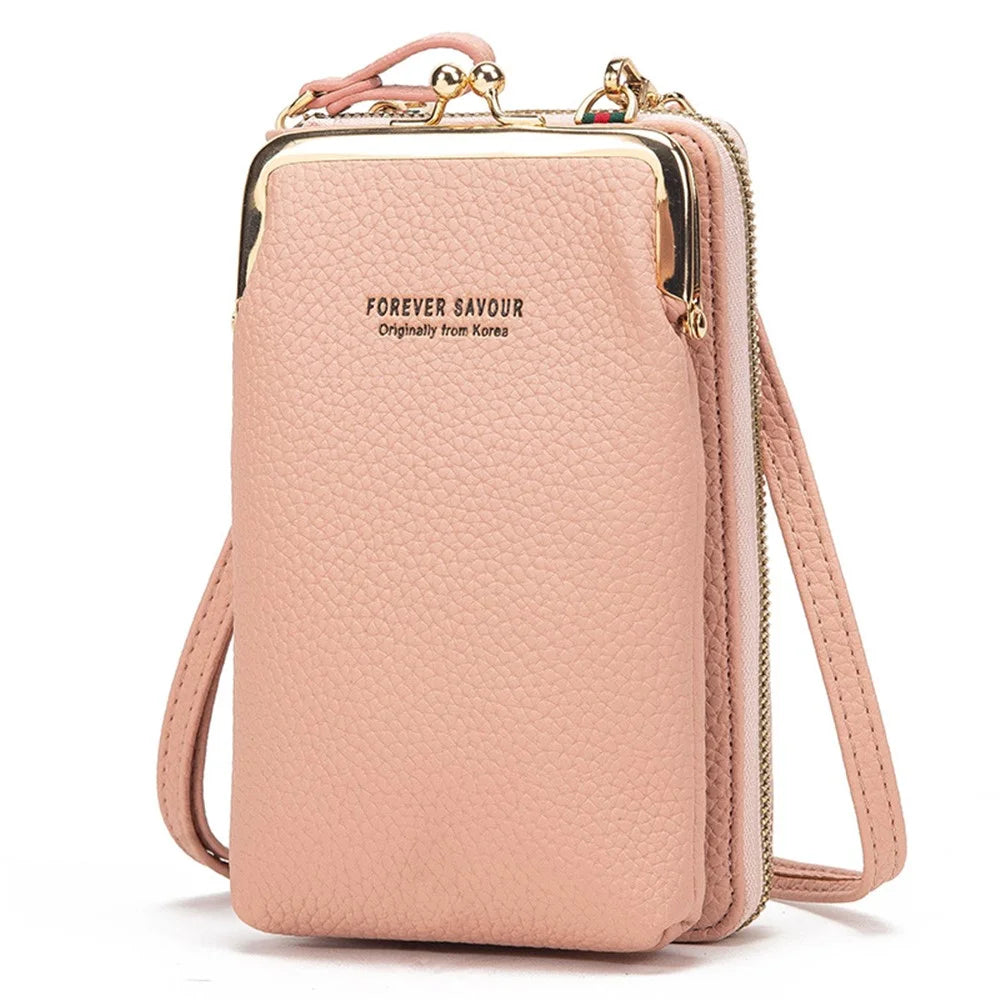 Stylish PU Leather Touch Screen Phone Carrying Bag Coin Purse Women Crossbody Bag - Pink - 1
