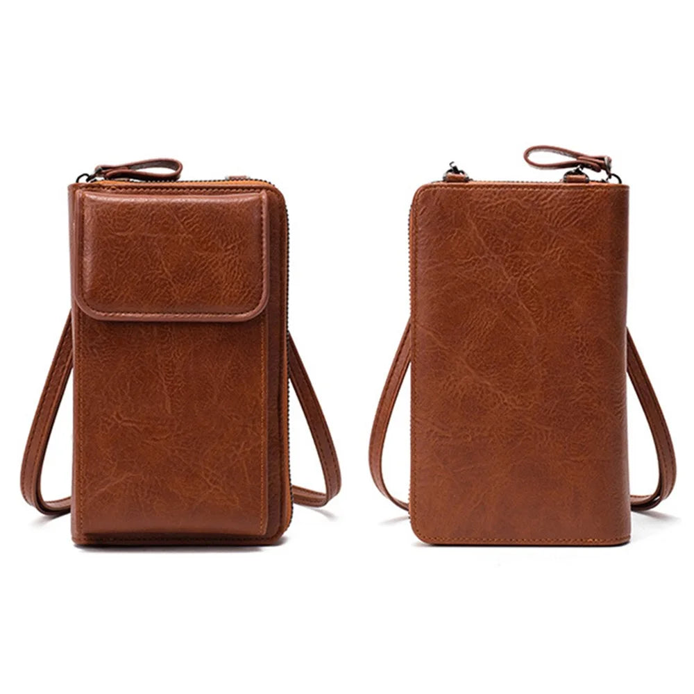 Stylish PU Leather Women Phone Bag Zipper Coin Purse Crossbody Bag - Brown - 1