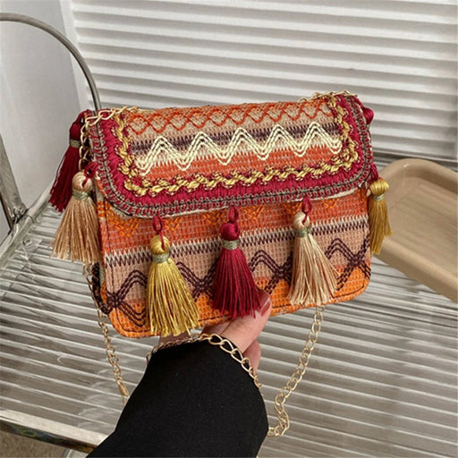 Ethnic Style Crossbody Bag Women's Shoulder Bag Metal Chain Tassels Decor Bag for Travel and Daily Use - Orange - 1