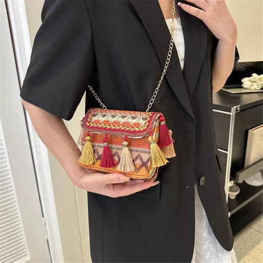 Ethnic Style Crossbody Bag Women's Shoulder Bag Metal Chain Tassels Decor Bag for Travel and Daily Use - Orange - 2