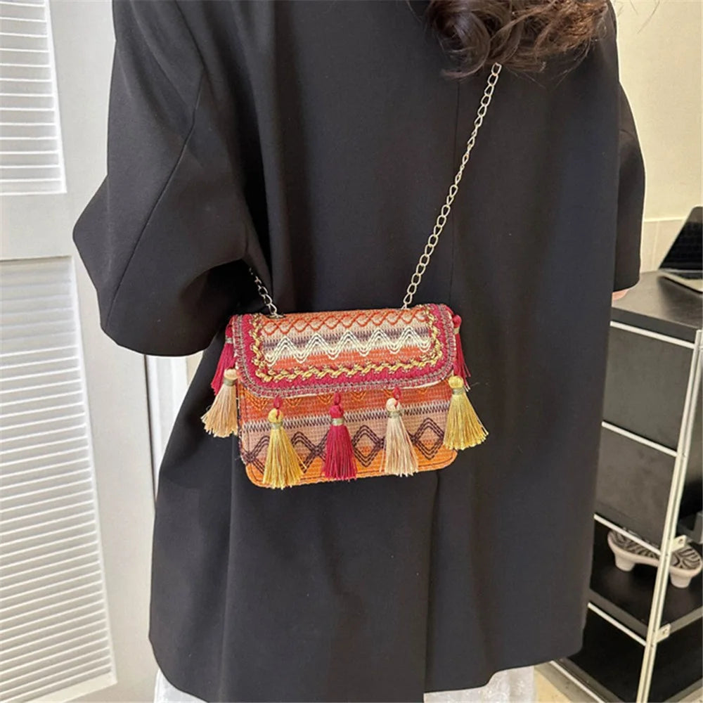 Ethnic Style Crossbody Bag Women's Shoulder Bag Metal Chain Tassels Decor Bag for Travel and Daily Use - Orange - 3