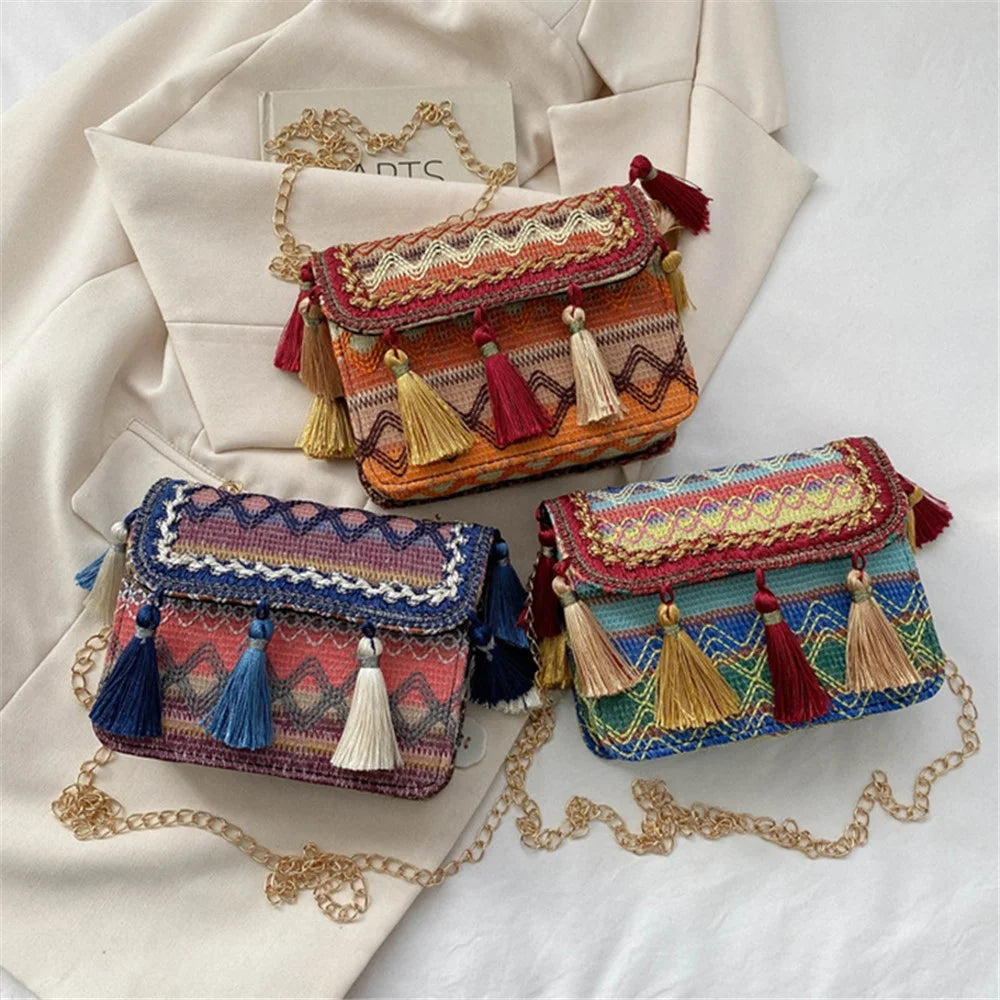 Ethnic Style Crossbody Bag Women's Shoulder Bag Metal Chain Tassels Decor Bag for Travel and Daily Use - Orange - 4
