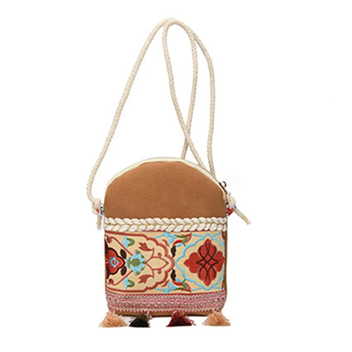 Canvas+Matte Leather Sling Bag Shoulder Bag Ethnic Style Crossbody Bag with Tassel Decoration for Women, Teen Girls - Khaki - 1