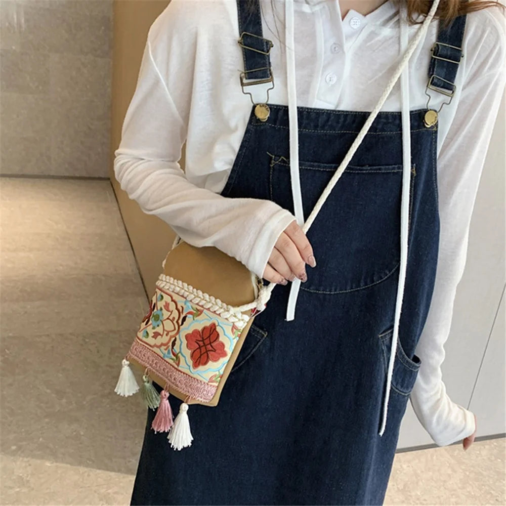 Canvas+Matte Leather Sling Bag Shoulder Bag Ethnic Style Crossbody Bag with Tassel Decoration for Women, Teen Girls - Khaki - 2