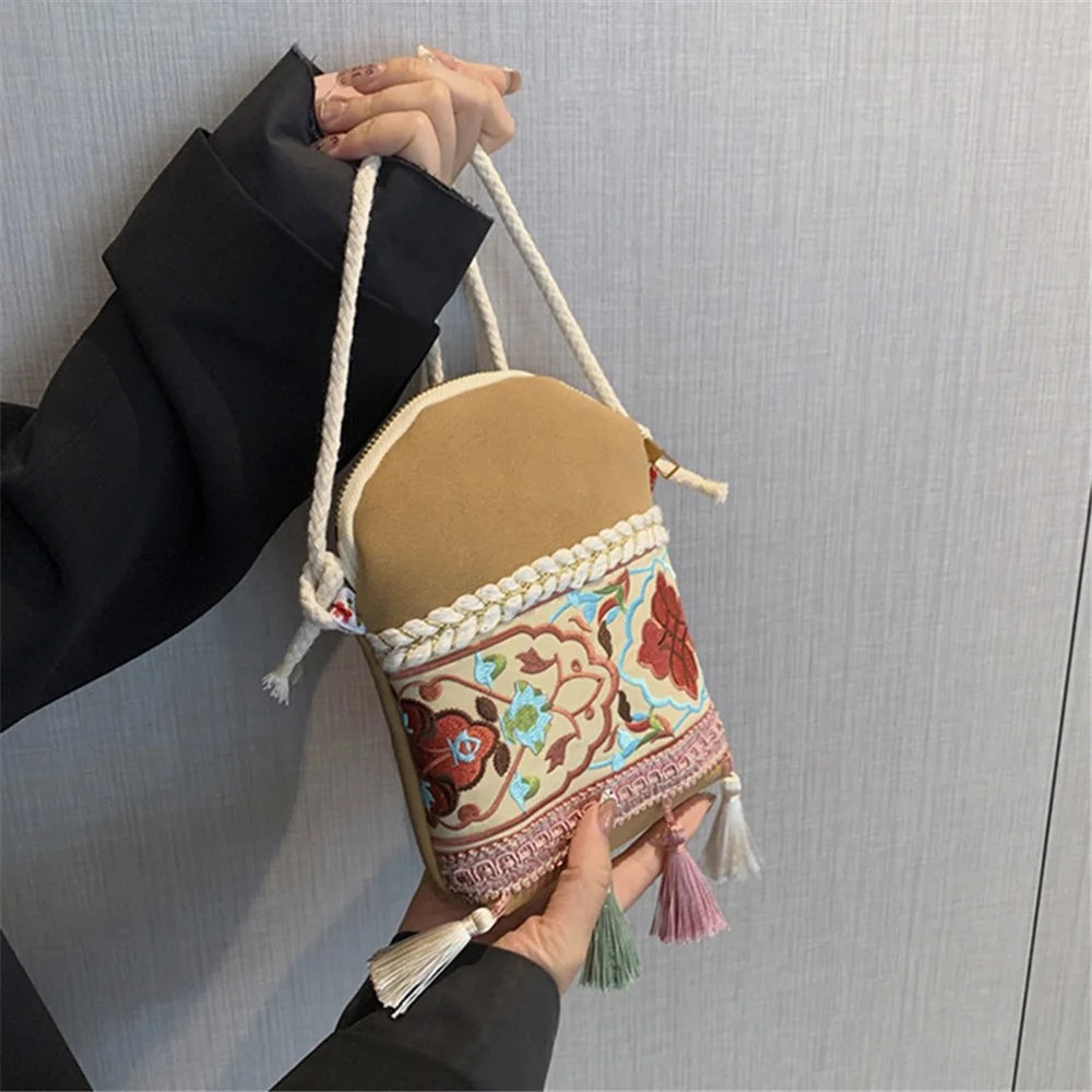 Canvas+Matte Leather Sling Bag Shoulder Bag Ethnic Style Crossbody Bag with Tassel Decoration for Women, Teen Girls - Khaki - 3