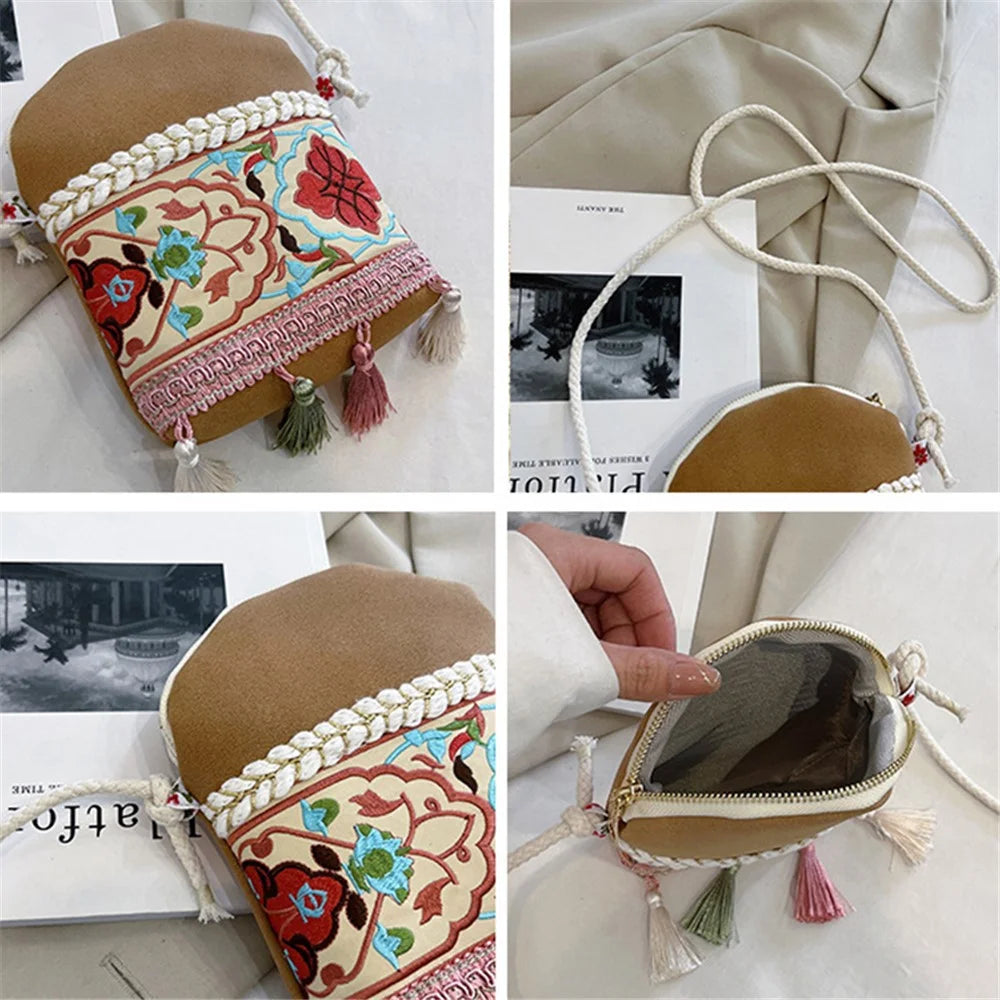 Canvas+Matte Leather Sling Bag Shoulder Bag Ethnic Style Crossbody Bag with Tassel Decoration for Women, Teen Girls - Khaki - 4