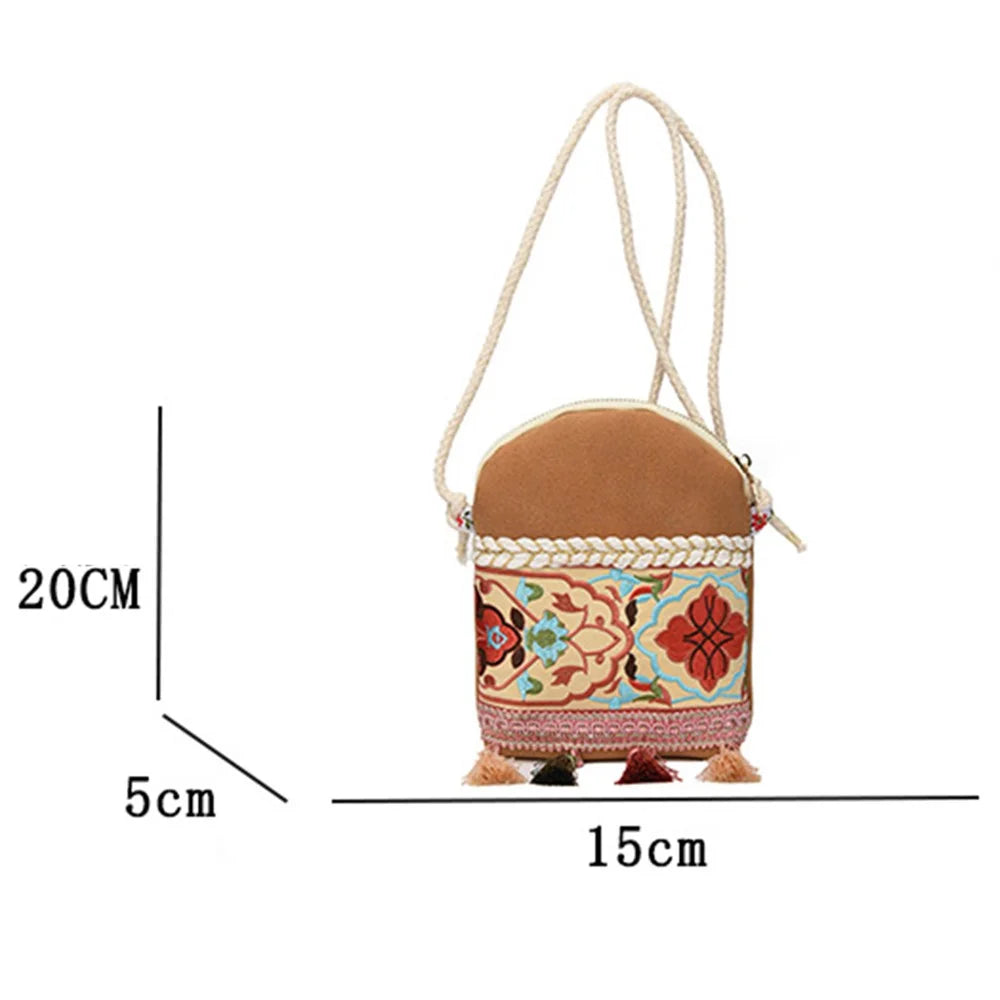 Canvas+Matte Leather Sling Bag Shoulder Bag Ethnic Style Crossbody Bag with Tassel Decoration for Women, Teen Girls - Khaki - 6