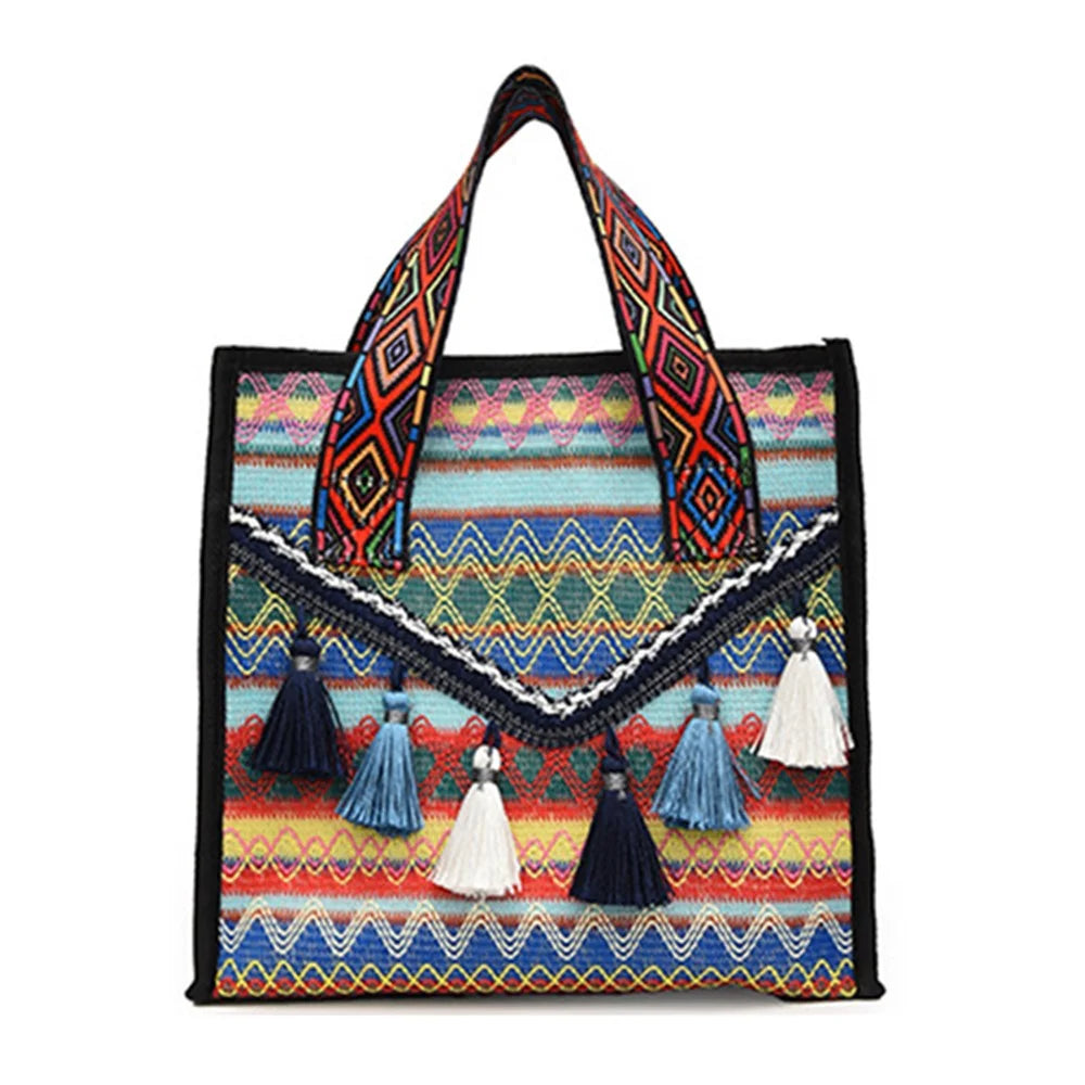 Large Knitted Fabric Hand Bag Women Teen Girl Ethnic Style Handbag with Tassel Decoration - Blue - 1
