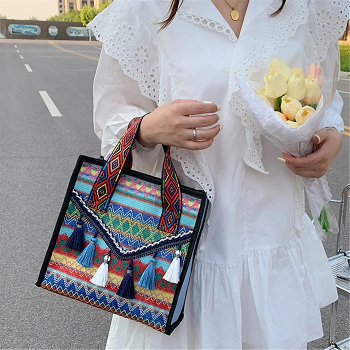 Large Knitted Fabric Hand Bag Women Teen Girl Ethnic Style Handbag with Tassel Decoration - Blue - 2