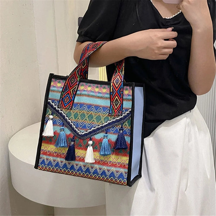 Large Knitted Fabric Hand Bag Women Teen Girl Ethnic Style Handbag with Tassel Decoration - Blue - 3