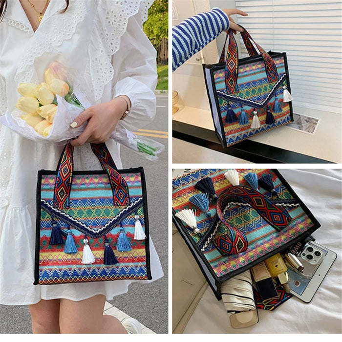 Large Knitted Fabric Hand Bag Women Teen Girl Ethnic Style Handbag with Tassel Decoration - Blue - 4