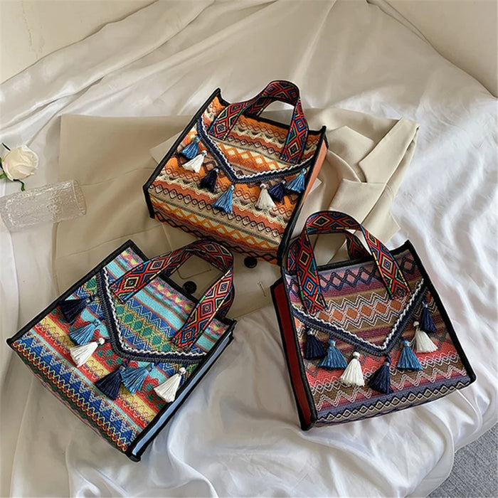 Large Knitted Fabric Hand Bag Women Teen Girl Ethnic Style Handbag with Tassel Decoration - Blue - 5
