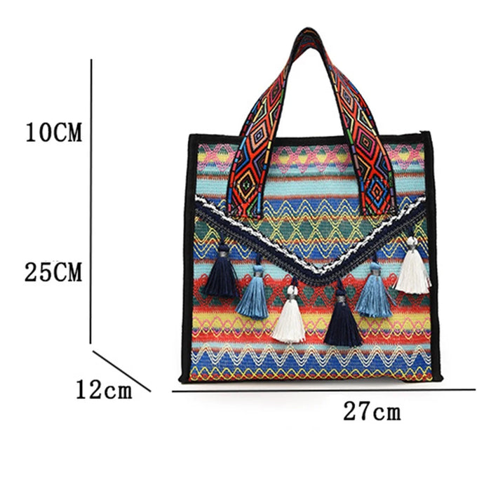 Large Knitted Fabric Hand Bag Women Teen Girl Ethnic Style Handbag with Tassel Decoration - Blue - 6