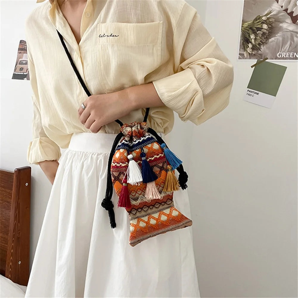 Ethnic Style Shoulder Bag for Women Braided Crossbody Bag Portable Mini Leisure Bag - Yellow - 2
