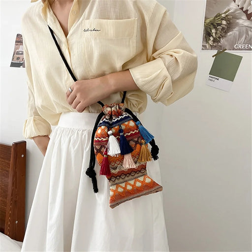 Ethnic Style Shoulder Bag for Women Braided Crossbody Bag Portable Mini Leisure Bag - Yellow - 2