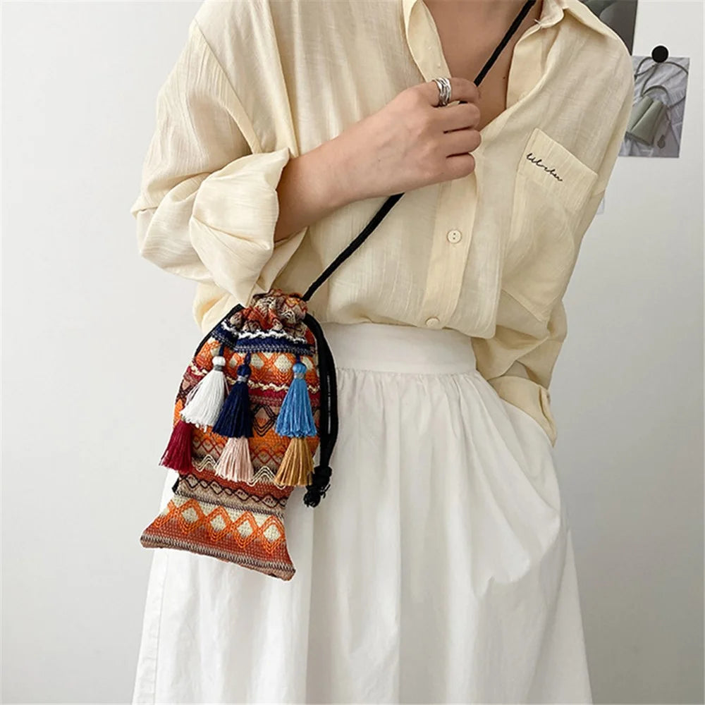 Ethnic Style Shoulder Bag for Women Braided Crossbody Bag Portable Mini Leisure Bag - Yellow - 4