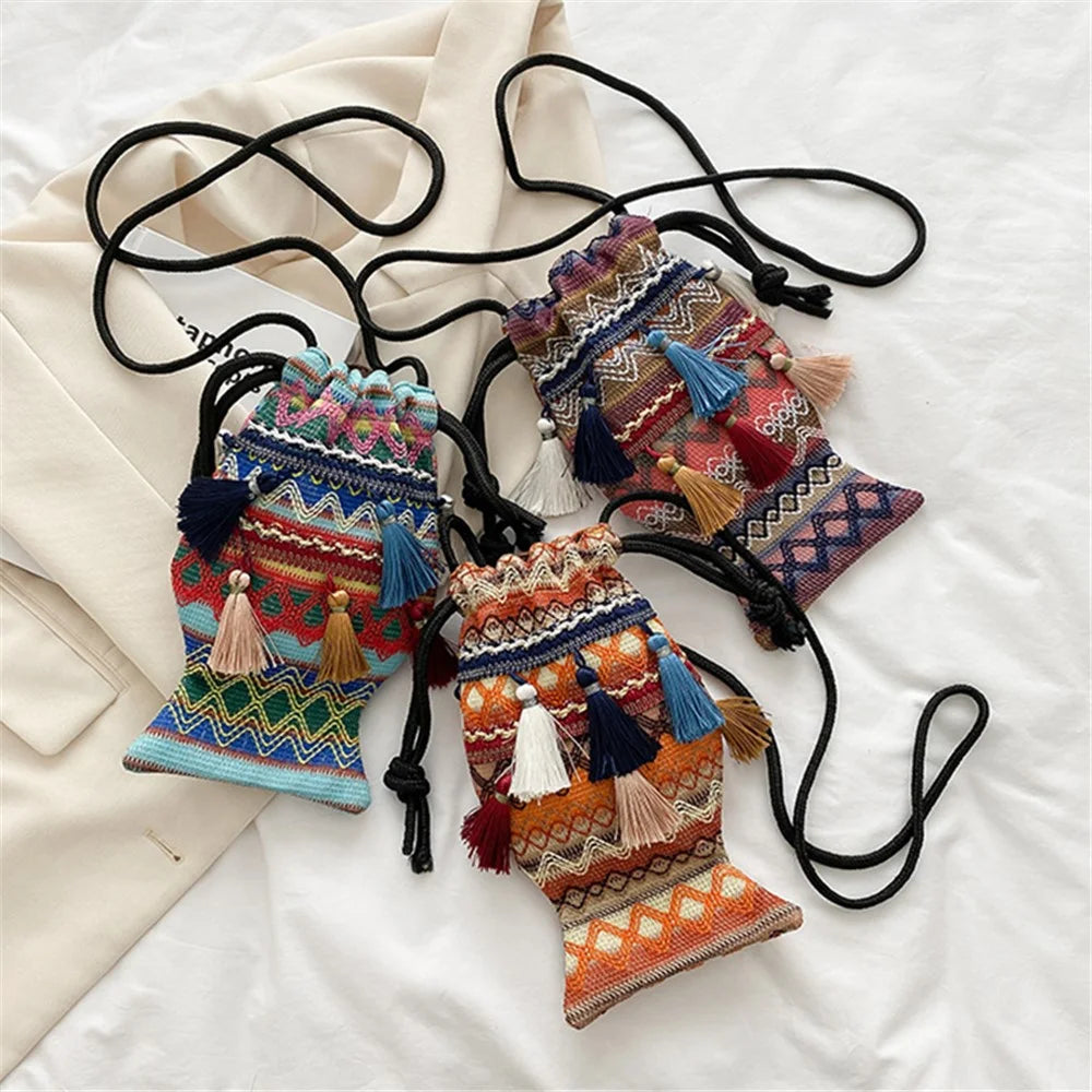 Ethnic Style Shoulder Bag for Women Braided Crossbody Bag Portable Mini Leisure Bag - Yellow - 5
