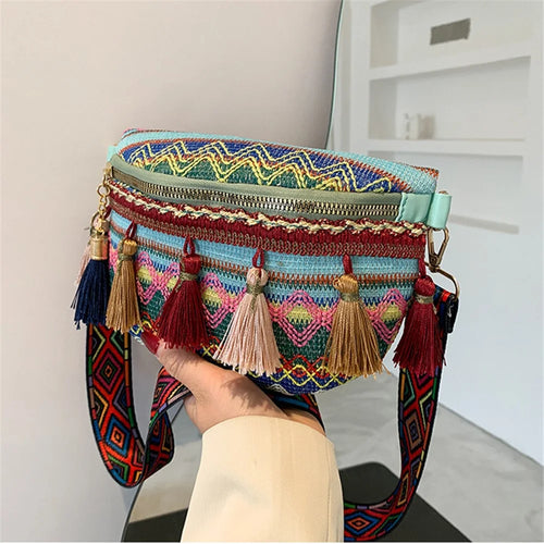 Summer Waist Chest Bag Teen Girls Canvas Shoulder Bag Ethnic Style Women Crossbody Bag with Tassel Decoration - Blue - 1