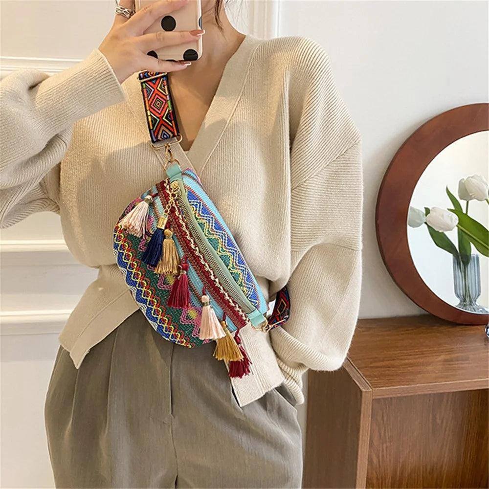 Summer Waist Chest Bag Teen Girls Canvas Shoulder Bag Ethnic Style Women Crossbody Bag with Tassel Decoration - Blue - 2