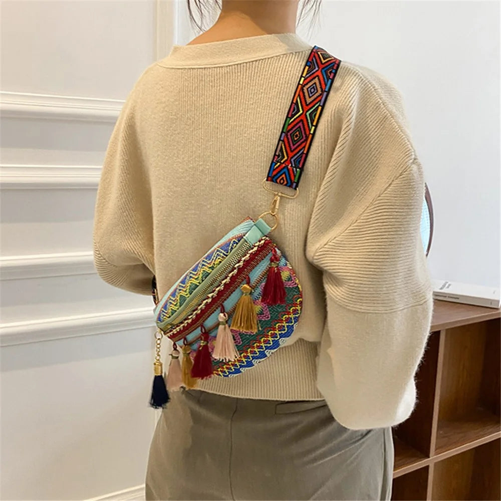 Summer Waist Chest Bag Teen Girls Canvas Shoulder Bag Ethnic Style Women Crossbody Bag with Tassel Decoration - Blue - 3