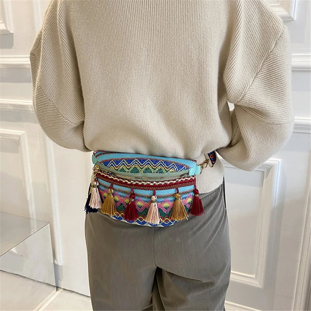 Summer Waist Chest Bag Teen Girls Canvas Shoulder Bag Ethnic Style Women Crossbody Bag with Tassel Decoration - Blue - 4