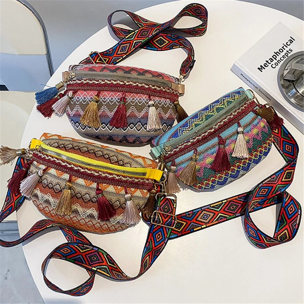 Summer Waist Chest Bag Teen Girls Canvas Shoulder Bag Ethnic Style Women Crossbody Bag with Tassel Decoration - Blue - 5