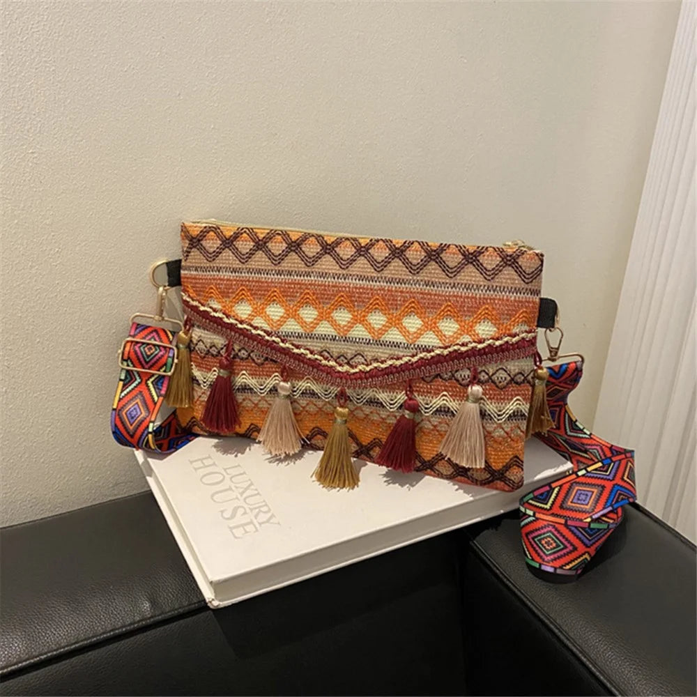 Tassel Decor Shoulder Bag Canvas Women's Storage Bag Ethnic Style Crossbody Bag Pouch for Shopping, Vacation - Yellow - 1
