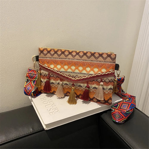 Tassel Decor Shoulder Bag Canvas Women's Storage Bag Ethnic Style Crossbody Bag Pouch for Shopping, Vacation - Yellow - 1