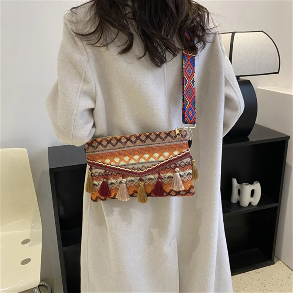 Tassel Decor Shoulder Bag Canvas Women's Storage Bag Ethnic Style Crossbody Bag Pouch for Shopping, Vacation - Yellow - 2