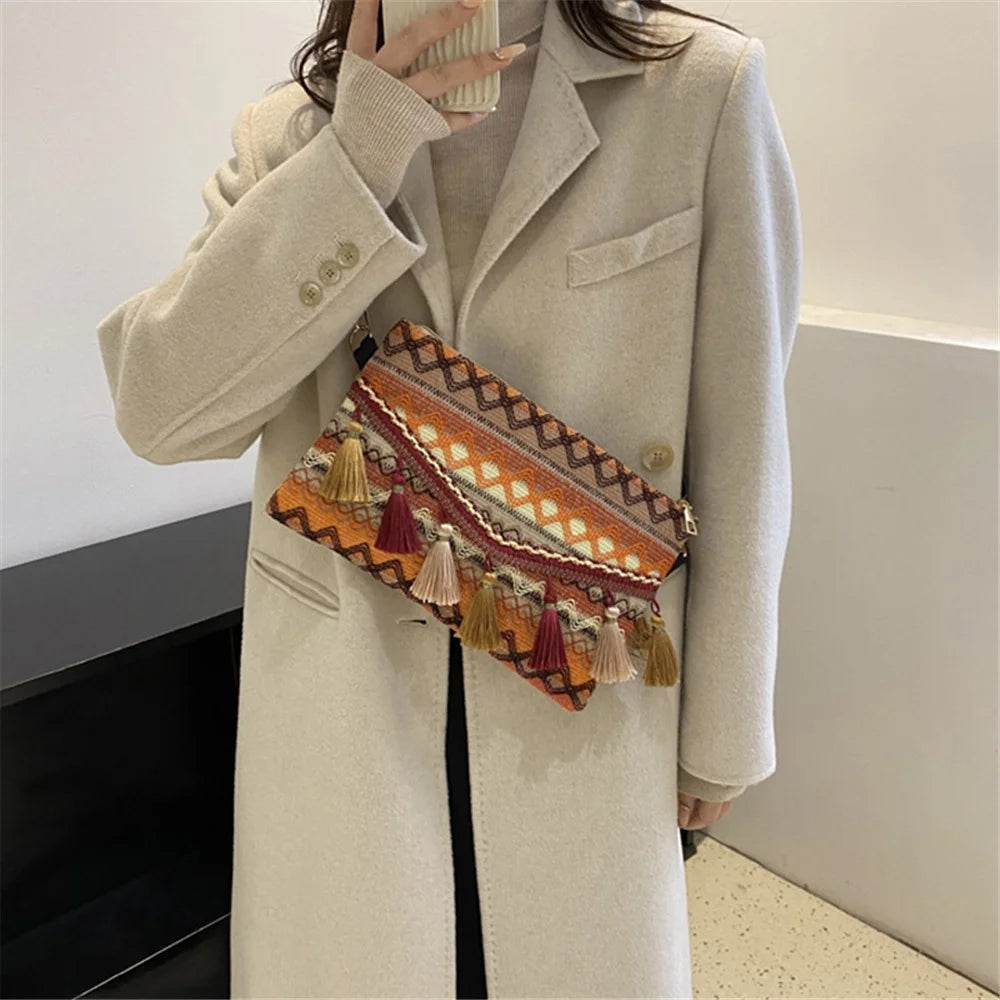 Tassel Decor Shoulder Bag Canvas Women's Storage Bag Ethnic Style Crossbody Bag Pouch for Shopping, Vacation - Yellow - 3