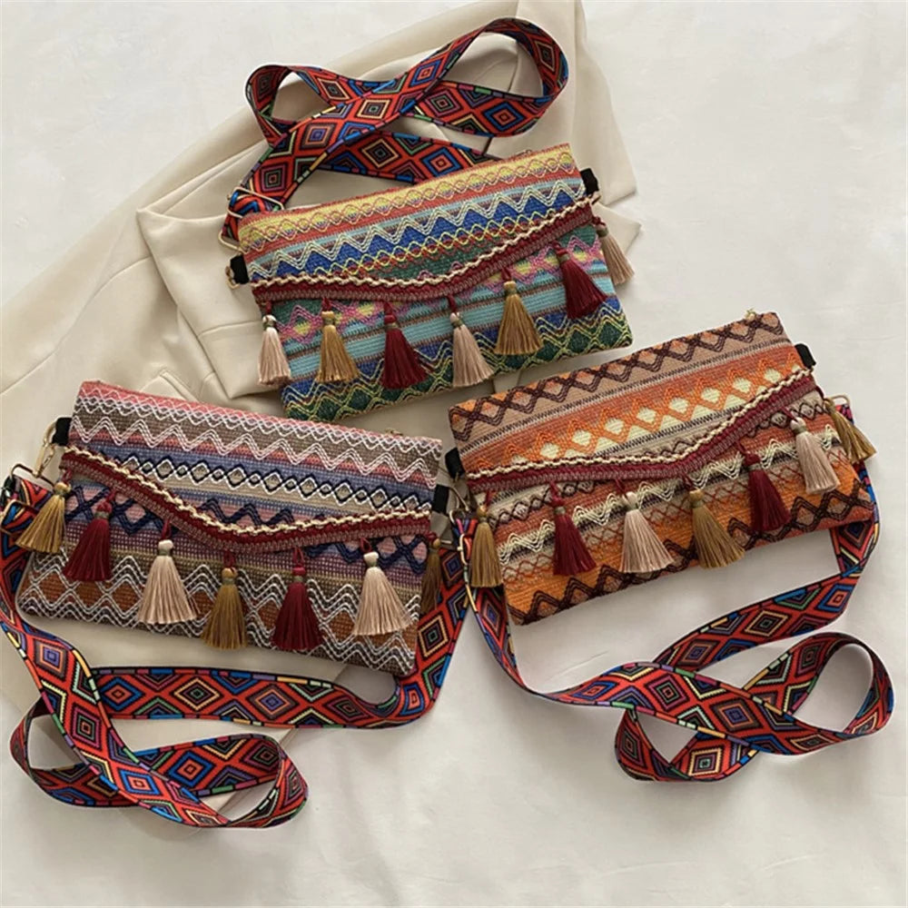 Tassel Decor Shoulder Bag Canvas Women's Storage Bag Ethnic Style Crossbody Bag Pouch for Shopping, Vacation - Yellow - 5