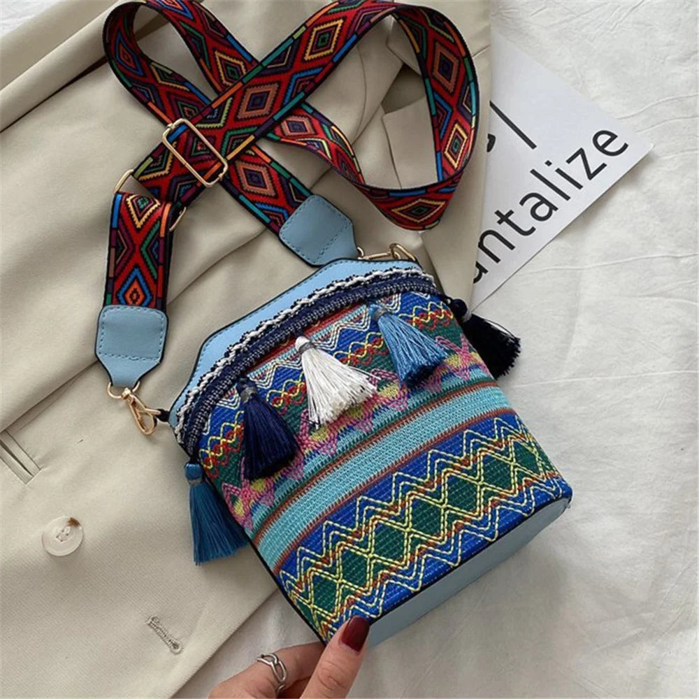 Teen Girls Canvas Shoulder Bag Ethnic Style Women's Crossbody Bag with Tassel Decoration for Shopping, Vacation - Blue - 1