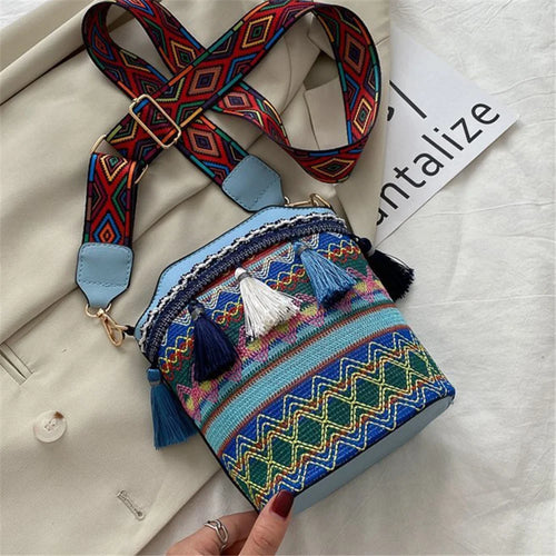 Teen Girls Canvas Shoulder Bag Ethnic Style Women's Crossbody Bag with Tassel Decoration for Shopping, Vacation - Blue - 1