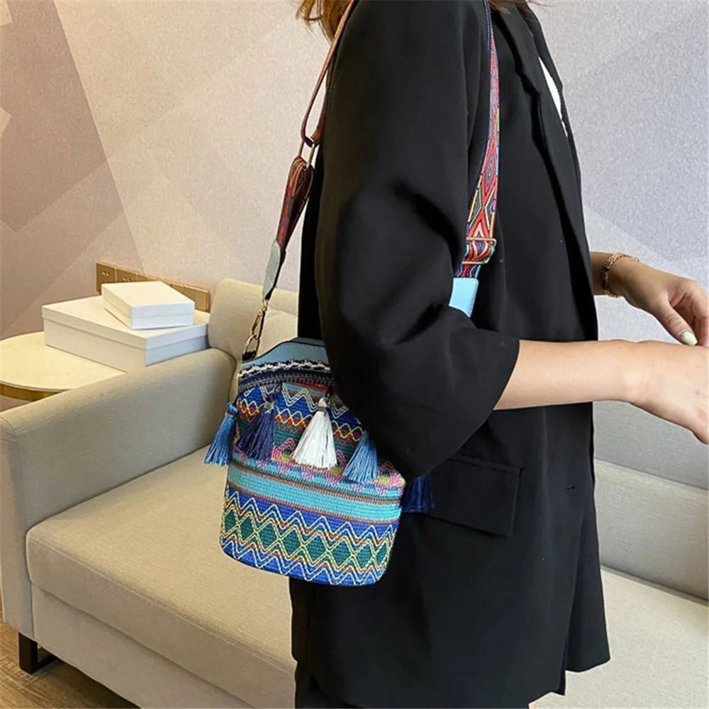 Teen Girls Canvas Shoulder Bag Ethnic Style Women's Crossbody Bag with Tassel Decoration for Shopping, Vacation - Blue - 2