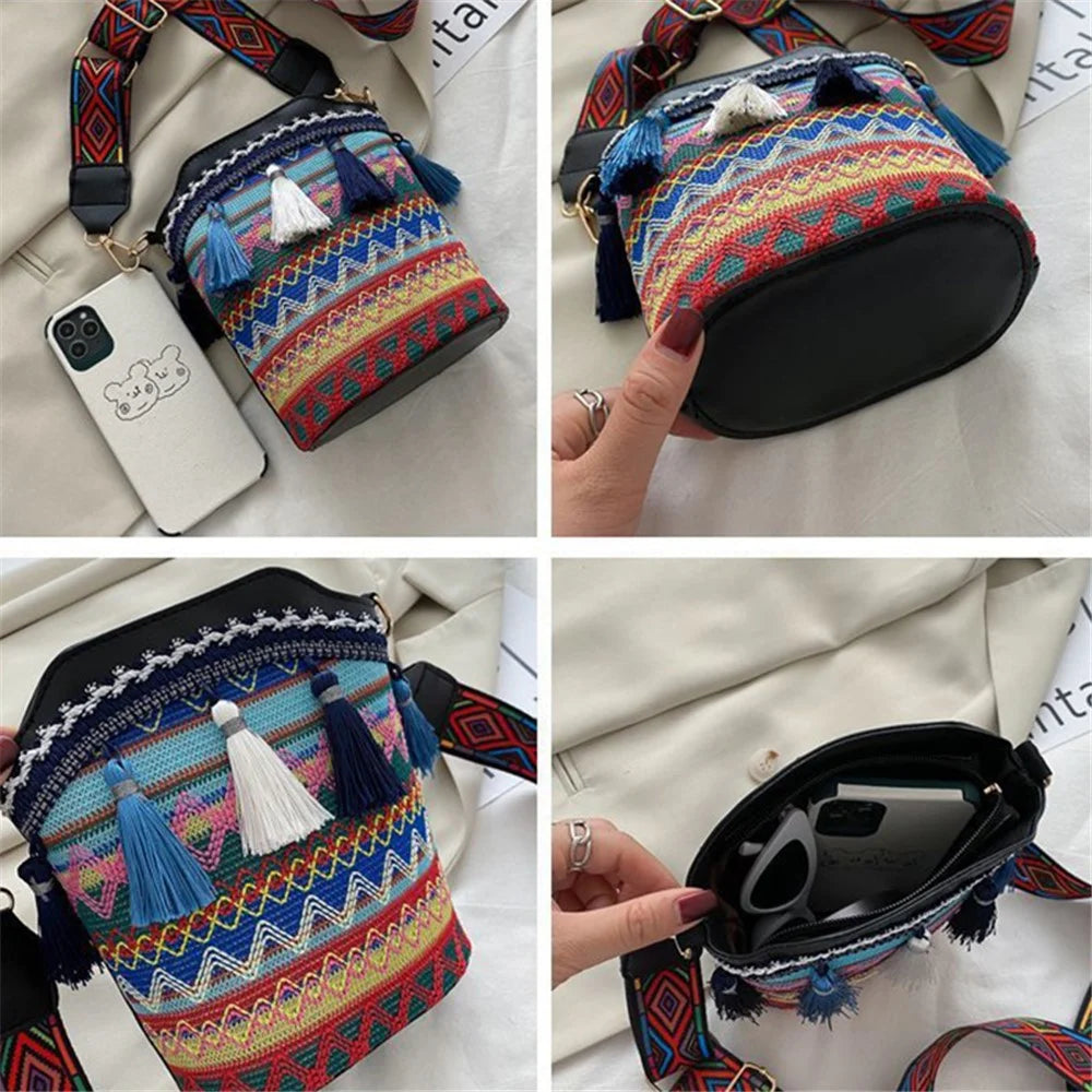 Teen Girls Canvas Shoulder Bag Ethnic Style Women's Crossbody Bag with Tassel Decoration for Shopping, Vacation - Blue - 4