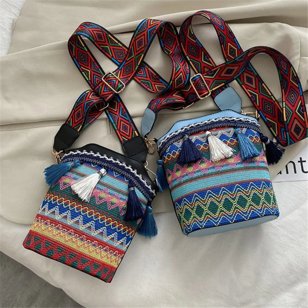 Teen Girls Canvas Shoulder Bag Ethnic Style Women's Crossbody Bag with Tassel Decoration for Shopping, Vacation - Blue - 5
