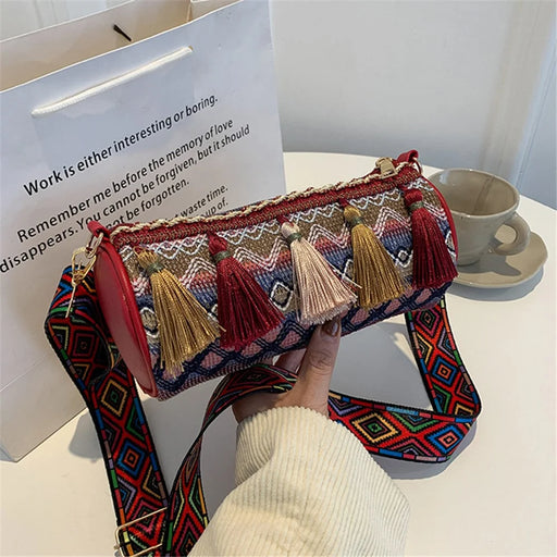 Ethnic Style Canvas Crossbody Bag Teen Girls Wallet Carrying Purse Cylinder Shape Shoulder Bag for Women Ladies - Red - 1