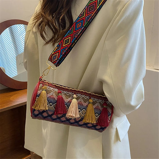 Ethnic Style Canvas Crossbody Bag Teen Girls Wallet Carrying Purse Cylinder Shape Shoulder Bag for Women Ladies - Red - 2