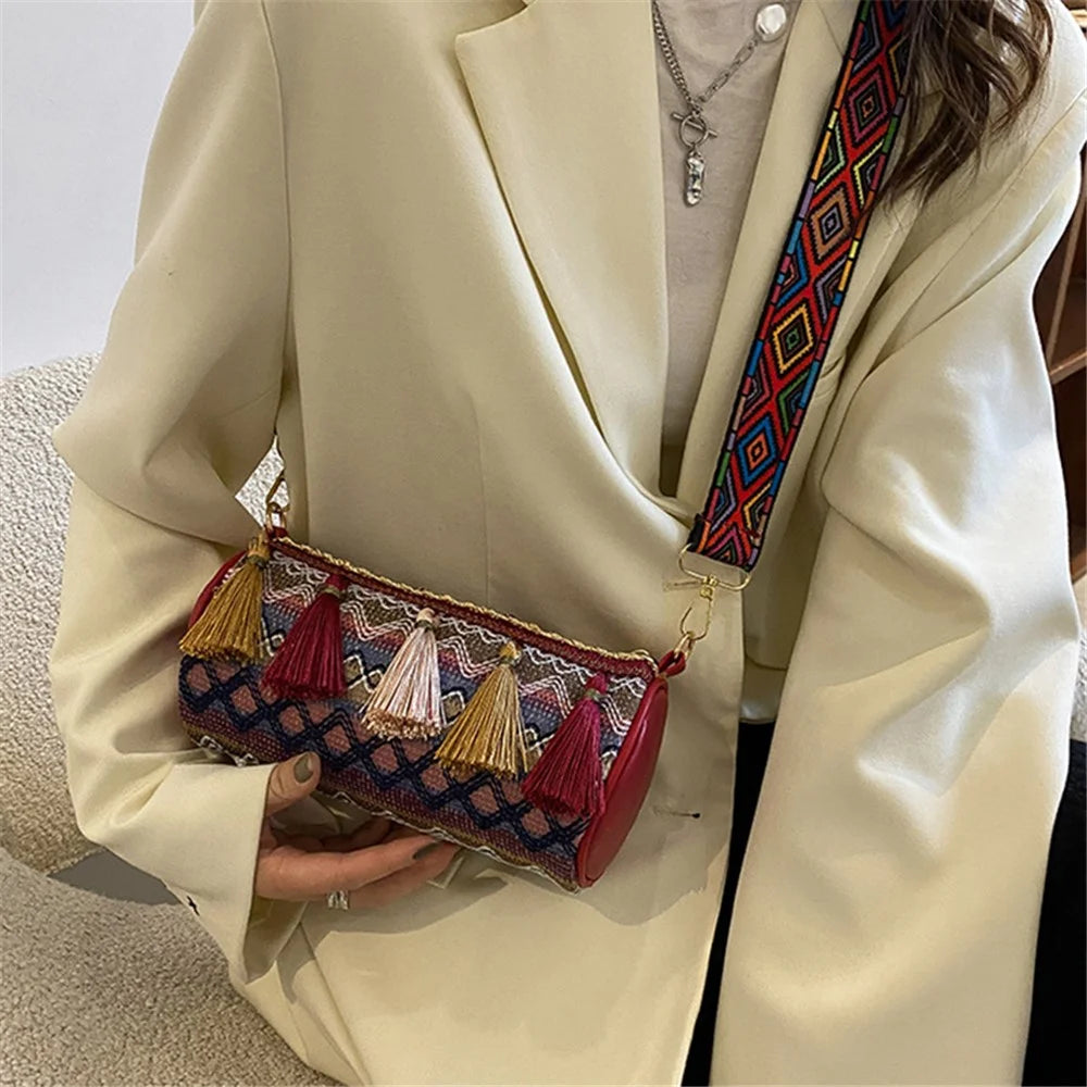 Ethnic Style Canvas Crossbody Bag Teen Girls Wallet Carrying Purse Cylinder Shape Shoulder Bag for Women Ladies - Red - 3