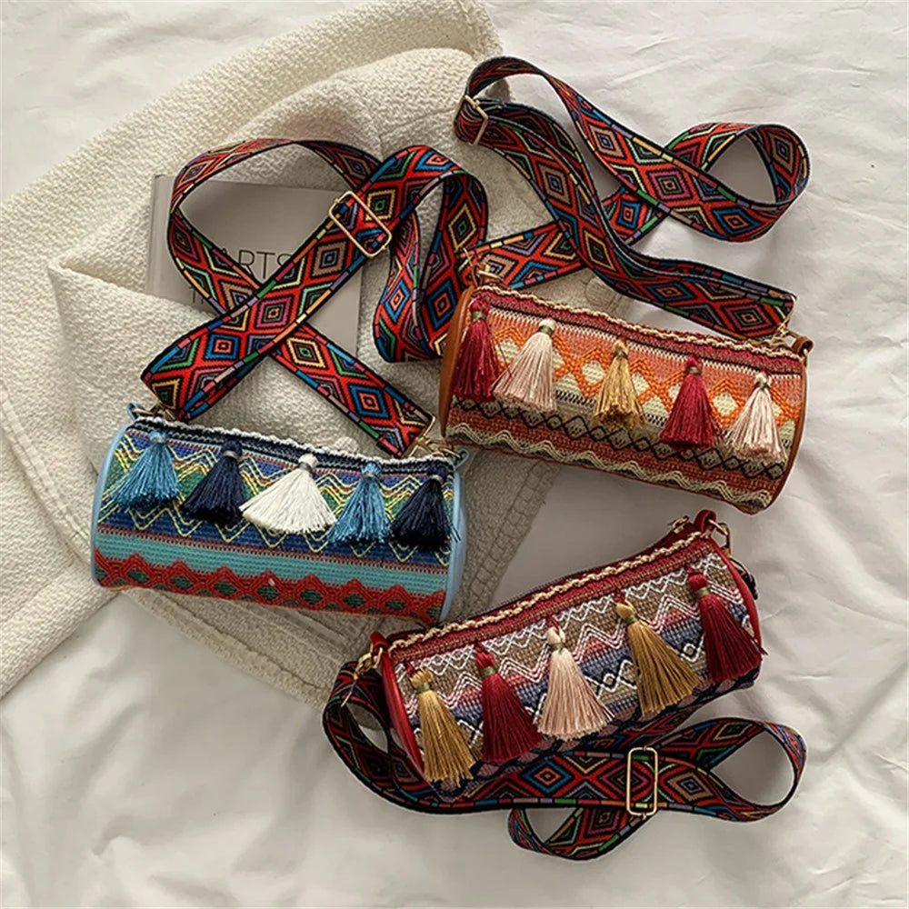 Ethnic Style Canvas Crossbody Bag Teen Girls Wallet Carrying Purse Cylinder Shape Shoulder Bag for Women Ladies - Red - 4