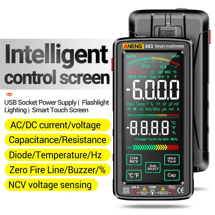 ANENG 683 Touch Screen NCV Induction Multimeter Digital High Precision Smart Auto Range Burn-Proof Rechargeable Multimeter - Black - 2