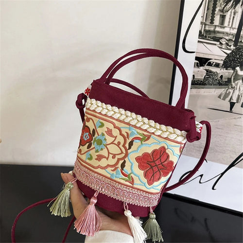 Women's Shoulder Bag Ethnic Style Canvas Crossbody Bag with Tassel Decoration Shopping Travel Handbag - Red - 1