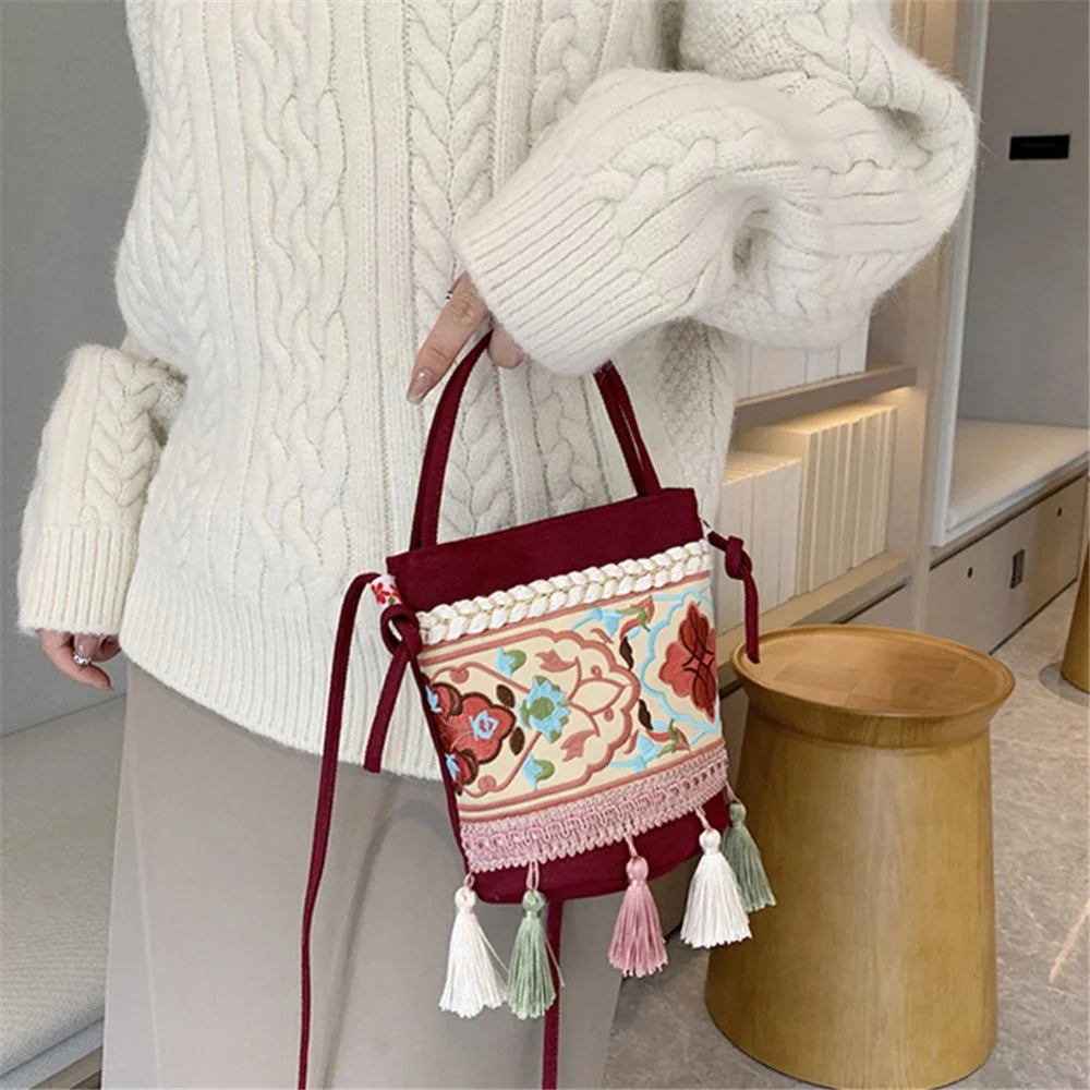 Women's Shoulder Bag Ethnic Style Canvas Crossbody Bag with Tassel Decoration Shopping Travel Handbag - Red - 3
