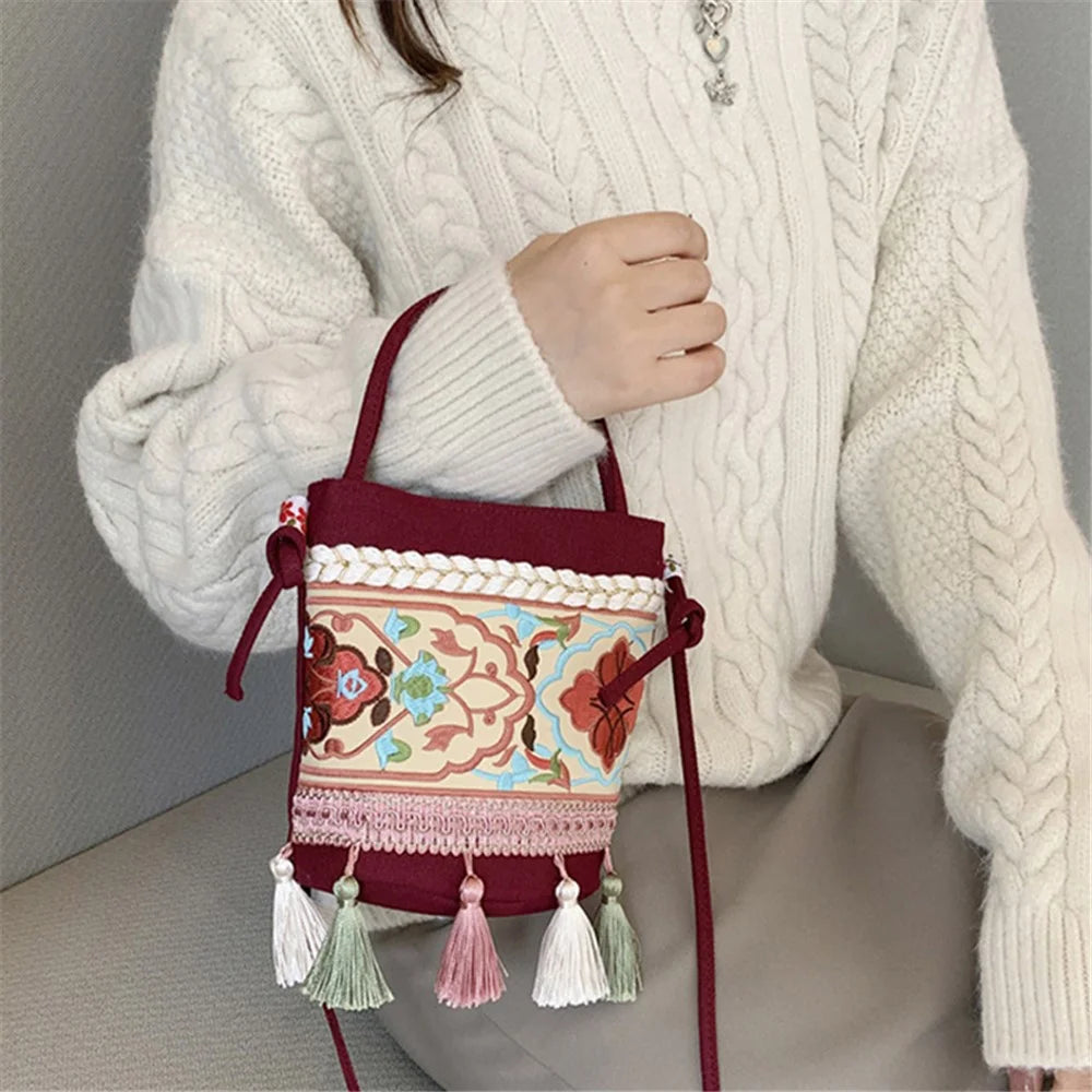 Women's Shoulder Bag Ethnic Style Canvas Crossbody Bag with Tassel Decoration Shopping Travel Handbag - Red - 4