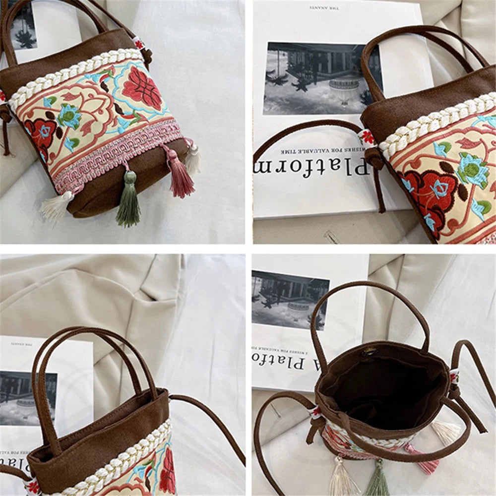 Women's Shoulder Bag Ethnic Style Canvas Crossbody Bag with Tassel Decoration Shopping Travel Handbag - Red - 5